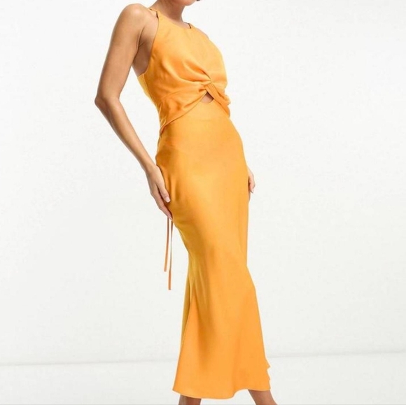 ASOS Design orange satin cut out sleeveless tie back midi dress - Picture 4 of 14